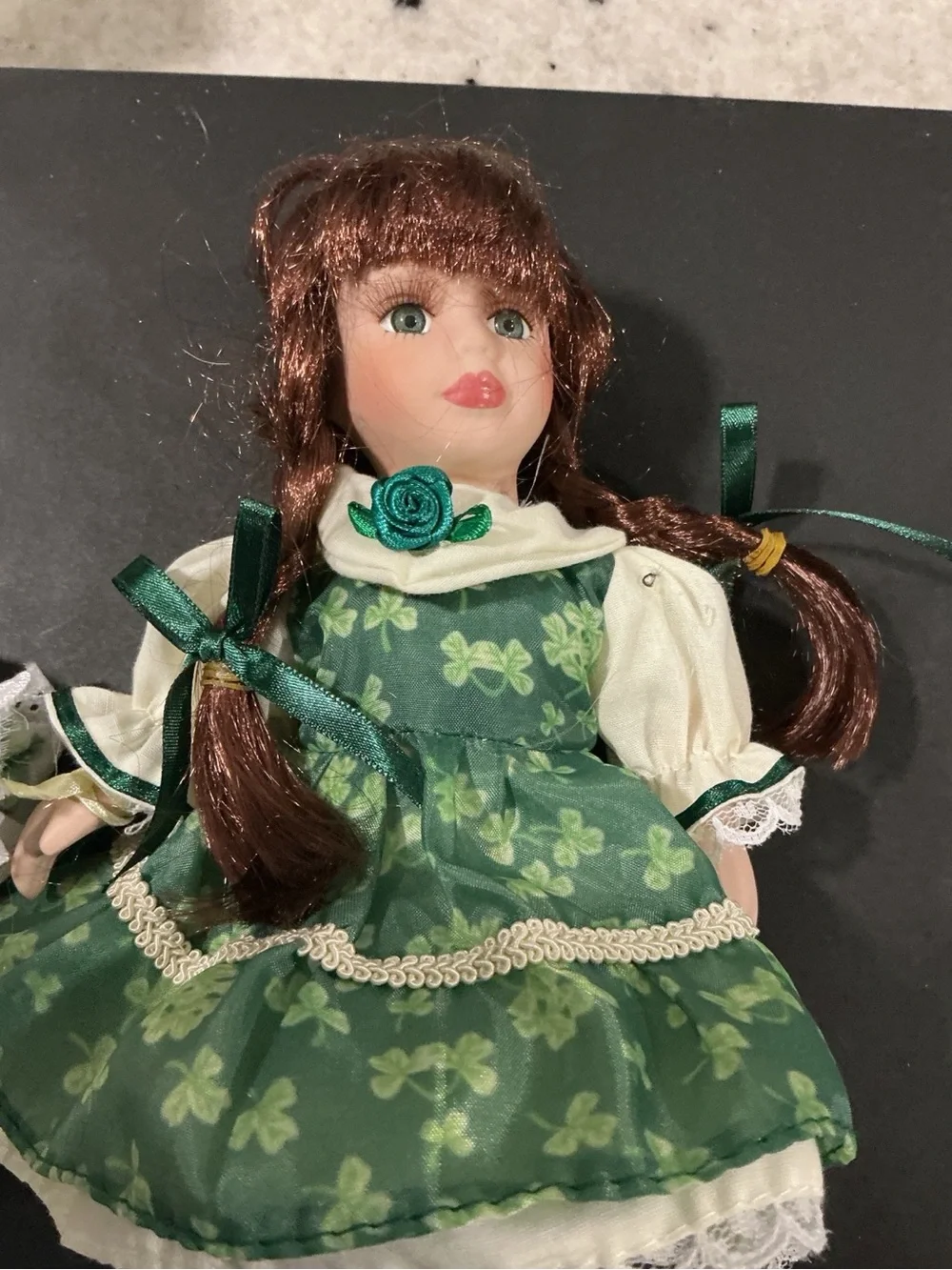 Vintage 8” Porcelain Doll Green Shamrock Dress Braided Hair Collectible Figure